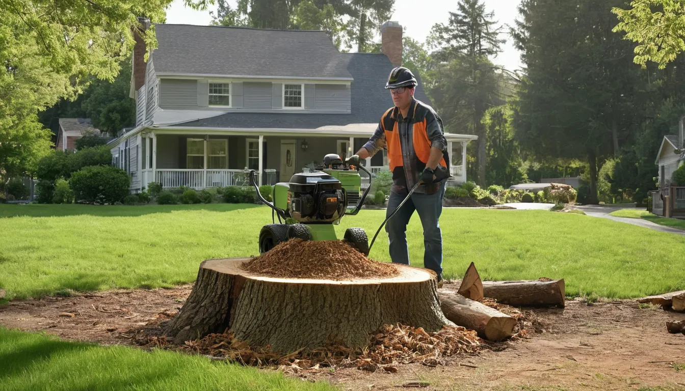 Stump grinder cutting an old tree stump in a tidy Walton backyard beside a colonial home